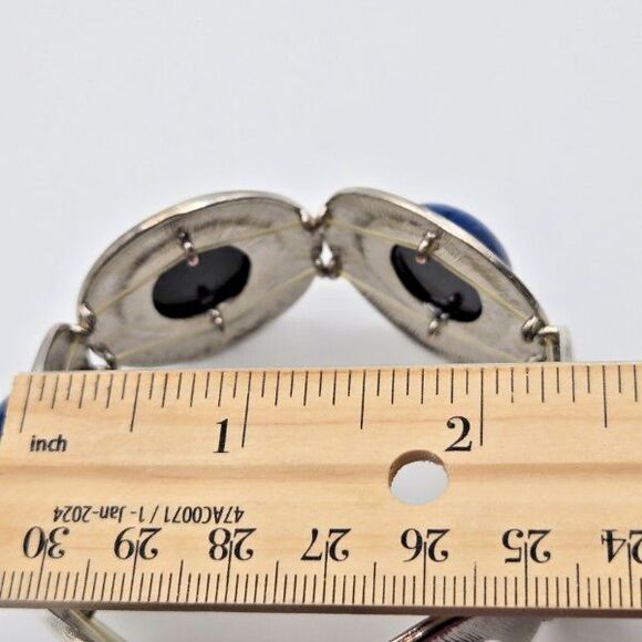 Large‎ Silvertone and Blue Cabochon Discs Stretch Cuff Bracelet - Picture 6 of 6